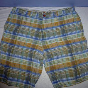 Men's Tommy Bahama Blue Green Orange Plaid Linen Blend Shorts 36